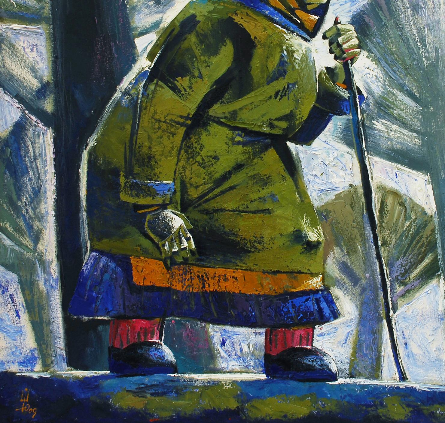 Abstract oil painting by Egor Shvachunov: figure in olive coat, cane