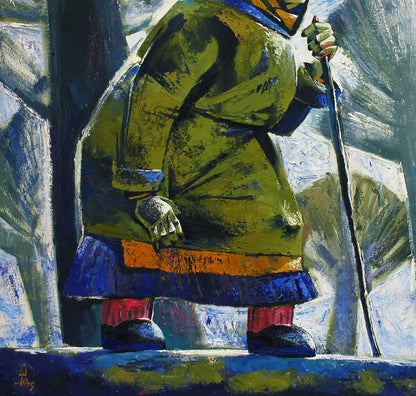 Abstract oil painting by Egor Shvachunov: figure in olive coat, cane