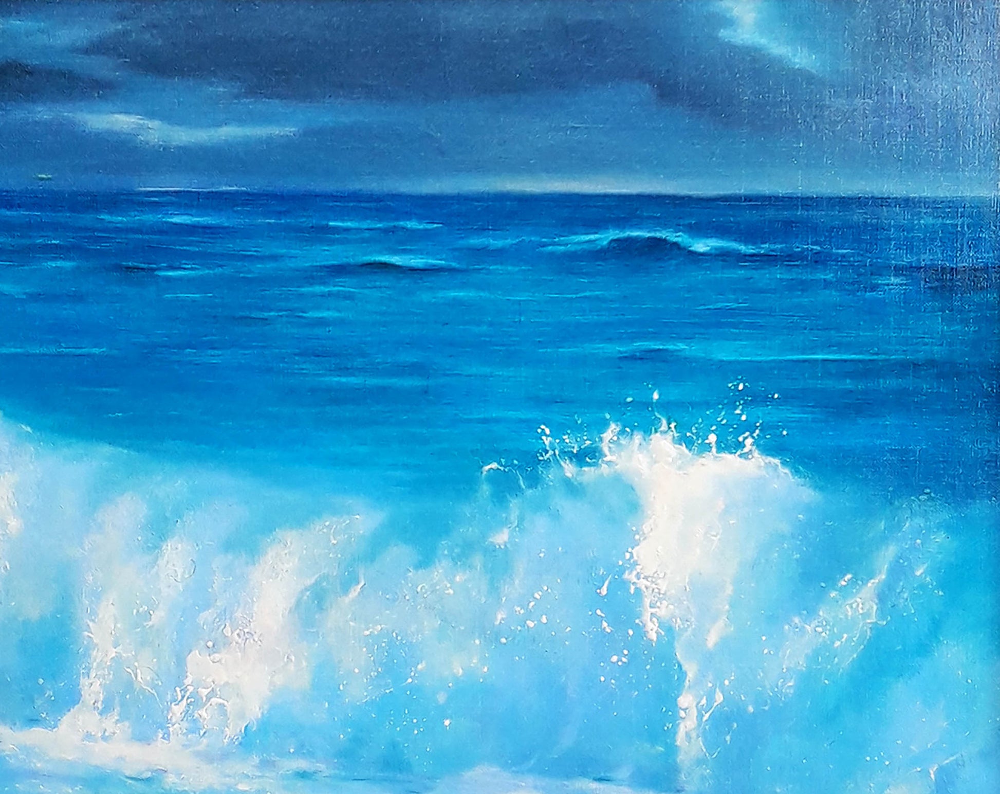 Oil painting Surf by Korkishko Vasily: dynamic ocean wave in blue and white foam