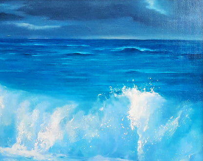 Oil painting Surf by Korkishko Vasily: dynamic ocean wave in blue and white foam