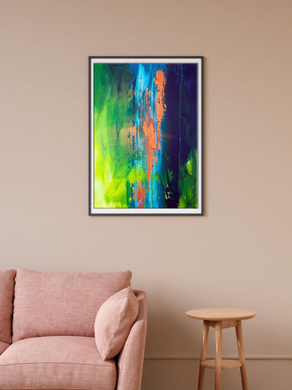 Vibrant acrylic painting Charm Melezhik Olga with green blue orange strokes in black frame