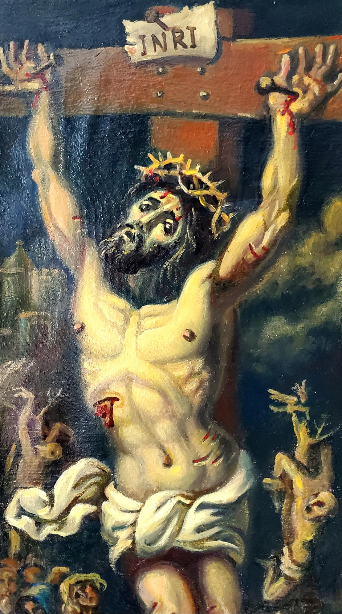 Oil painting of Crucifixion by Daniil Litvinov with INRI