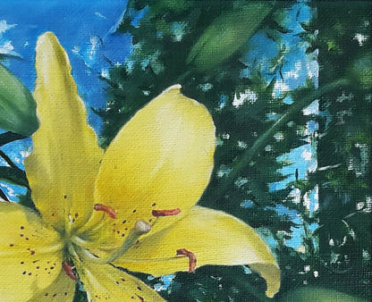 Vibrant yellow day-lily oil painting by Vasily Korkishko with speckled petals