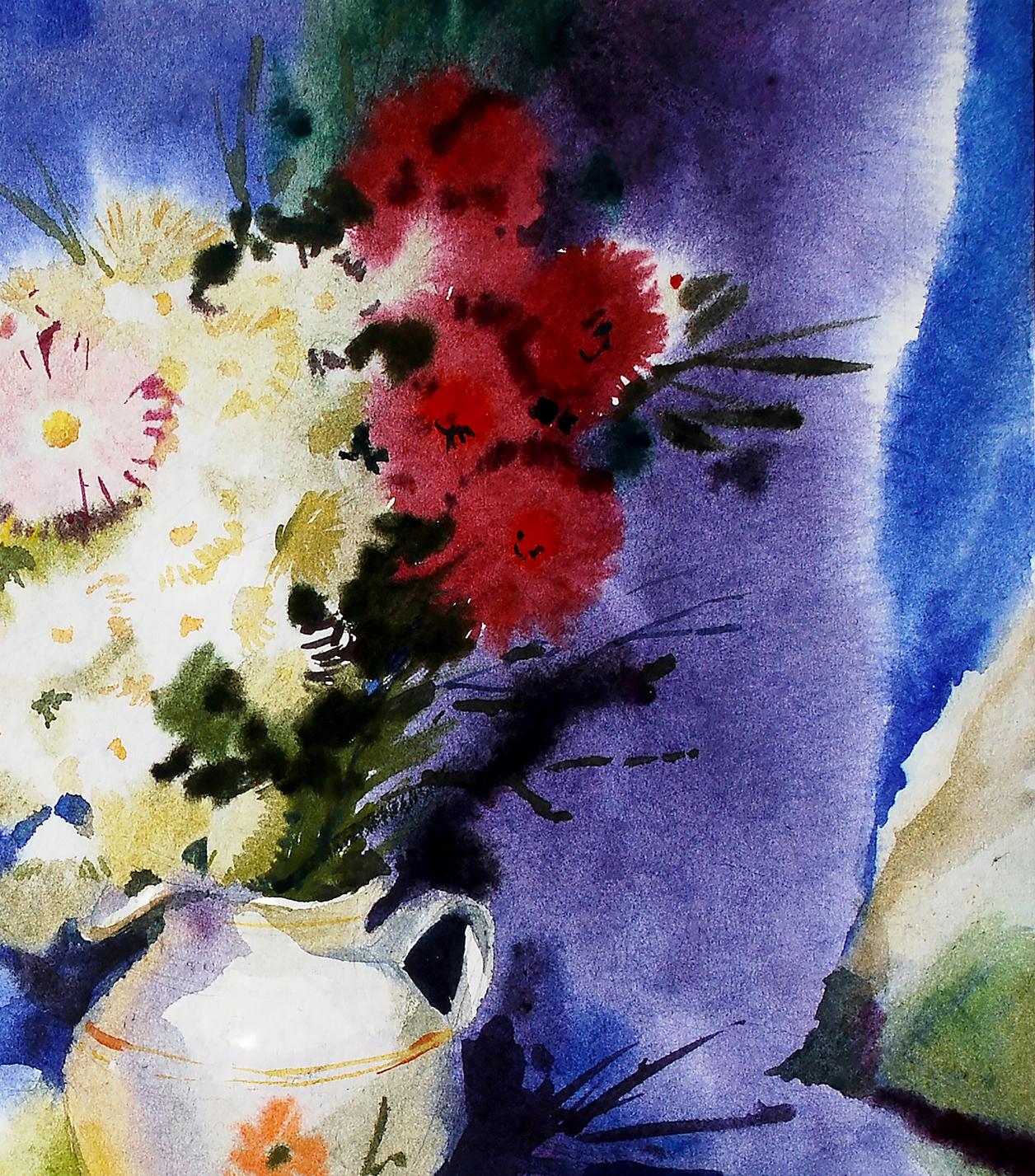 Watercolor painting of chamomiles, apples by Egor Shvachunov