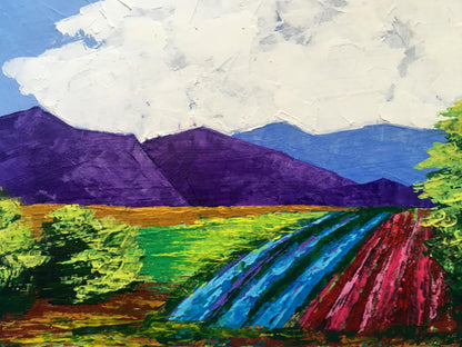 Oil painting Vineyards in the mountains by V. Zadorozhnya, purple peaks and colorful fields