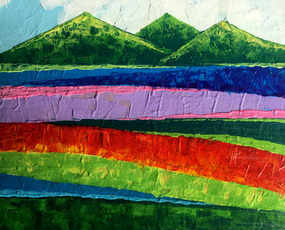 Oil painting Beyond the Mountains by Zadorozhnya V.V. with colorful bands and green mountains