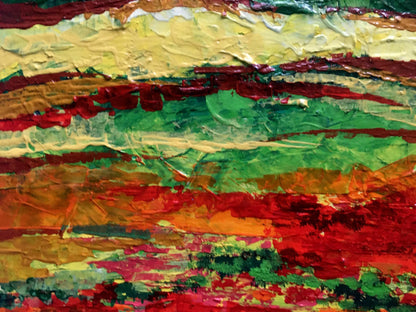 Vibrant oil painting of mountain view by V. Zadorozhnya with textured green, red, yellow, orange layers