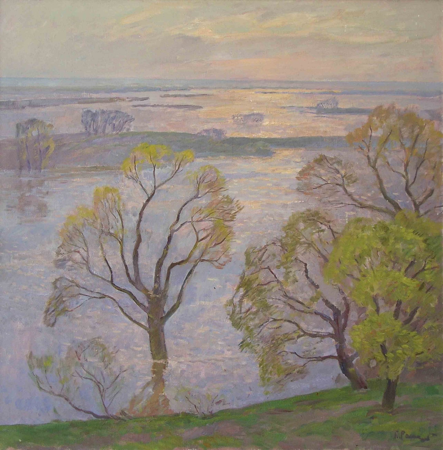 Oil painting Flood by Rapoport Boris Naumovich: impressionist spring river landscape