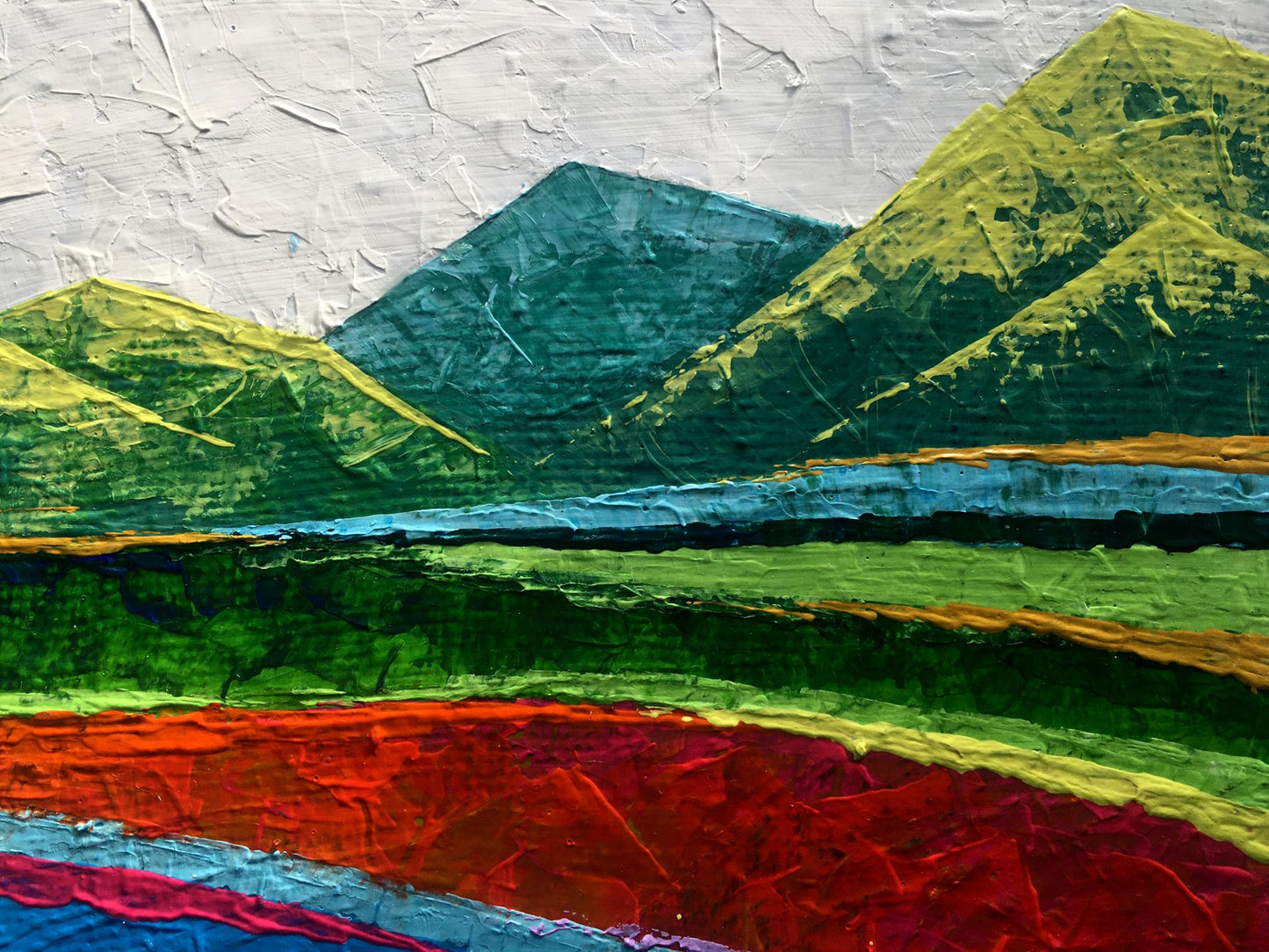 Oil painting Big mountains by V. Zadorozhnya: teal lime mountains red foreground