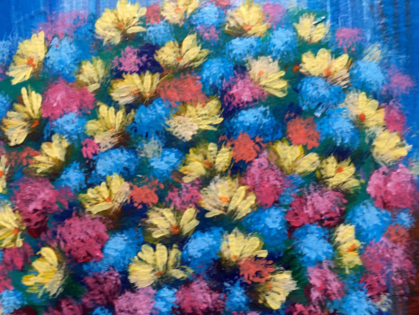 Vibrant Spring bouquet oil painting by Zadorozhnya V. V. with yellow blue pink flowers