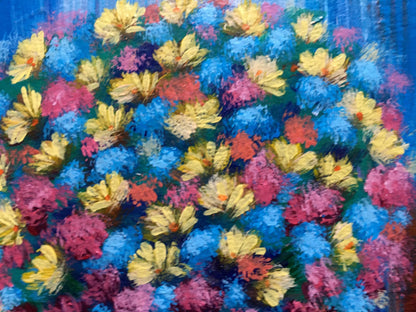 Vibrant Spring bouquet oil painting by Zadorozhnya V. V. with yellow blue pink flowers
