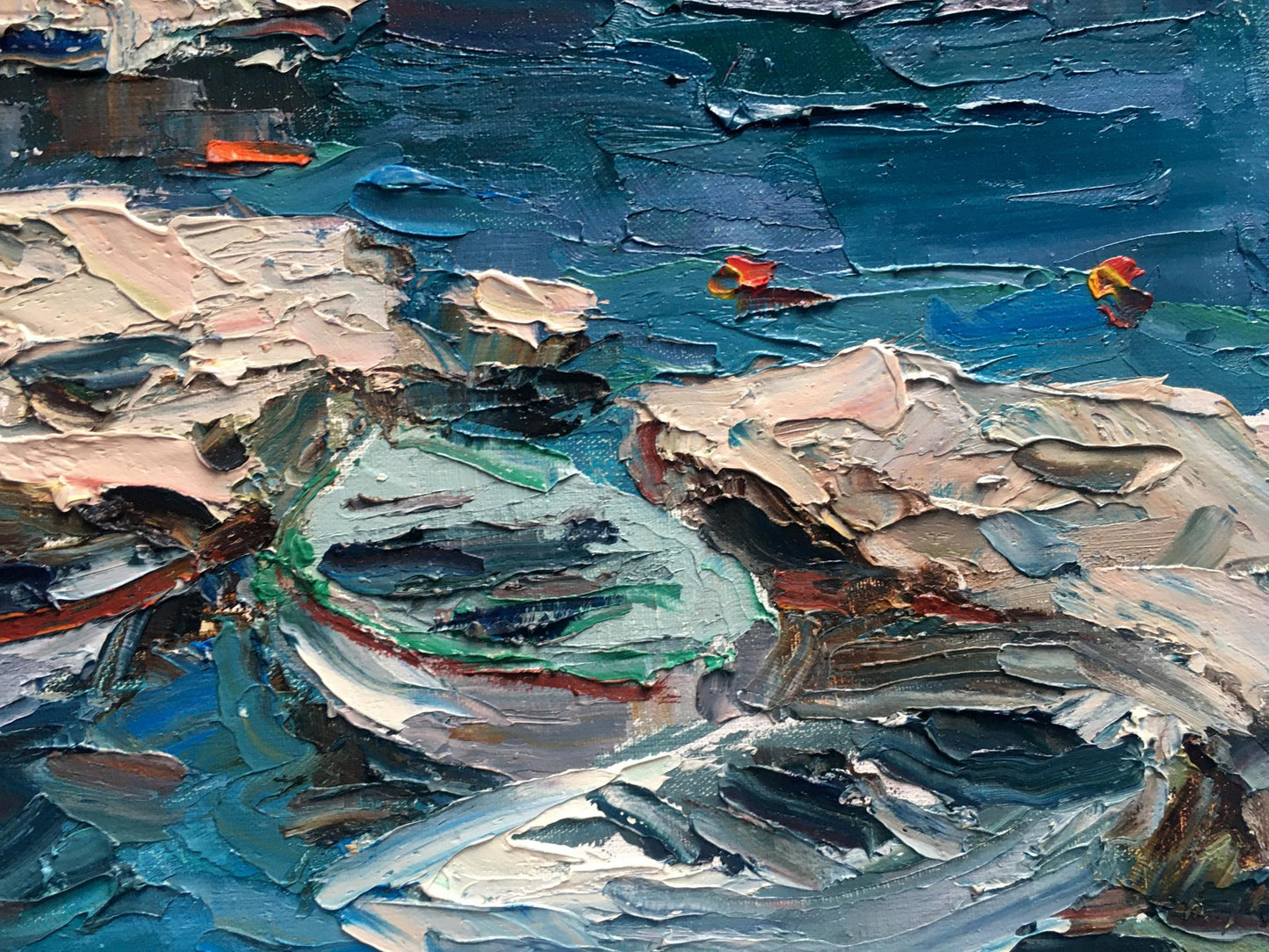 Oil painting Sea Boats Landscape 
