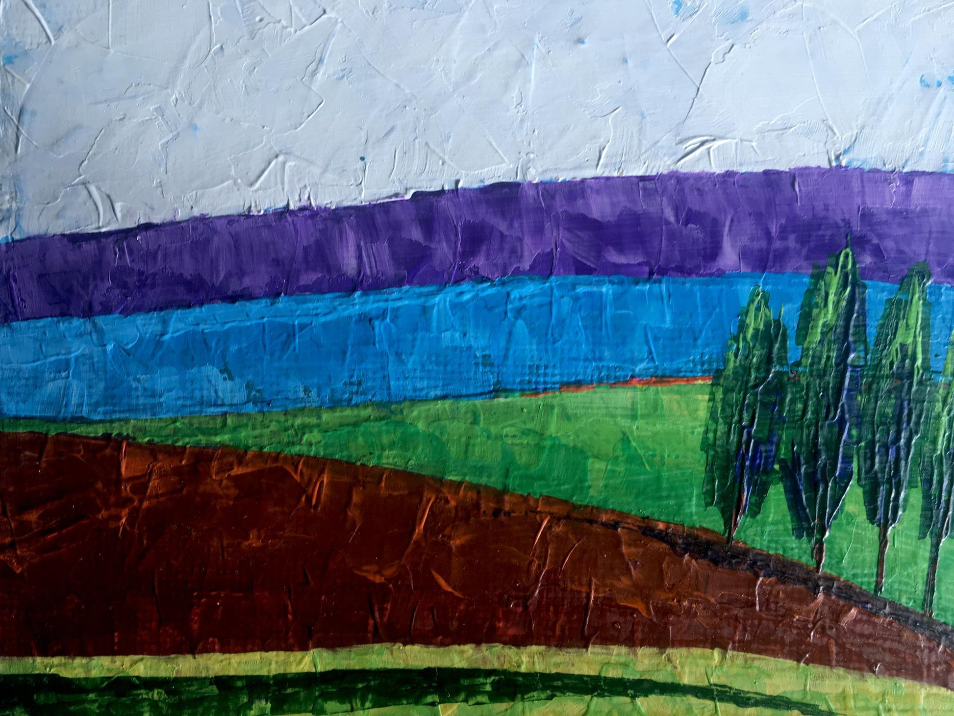 Textured acrylic landscape painting of lonely trees in fields by Zadorozhnya V. V