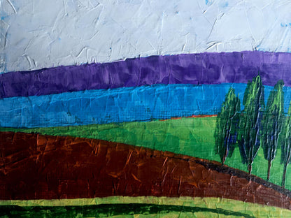 Textured acrylic landscape painting of lonely trees in fields by Zadorozhnya V. V