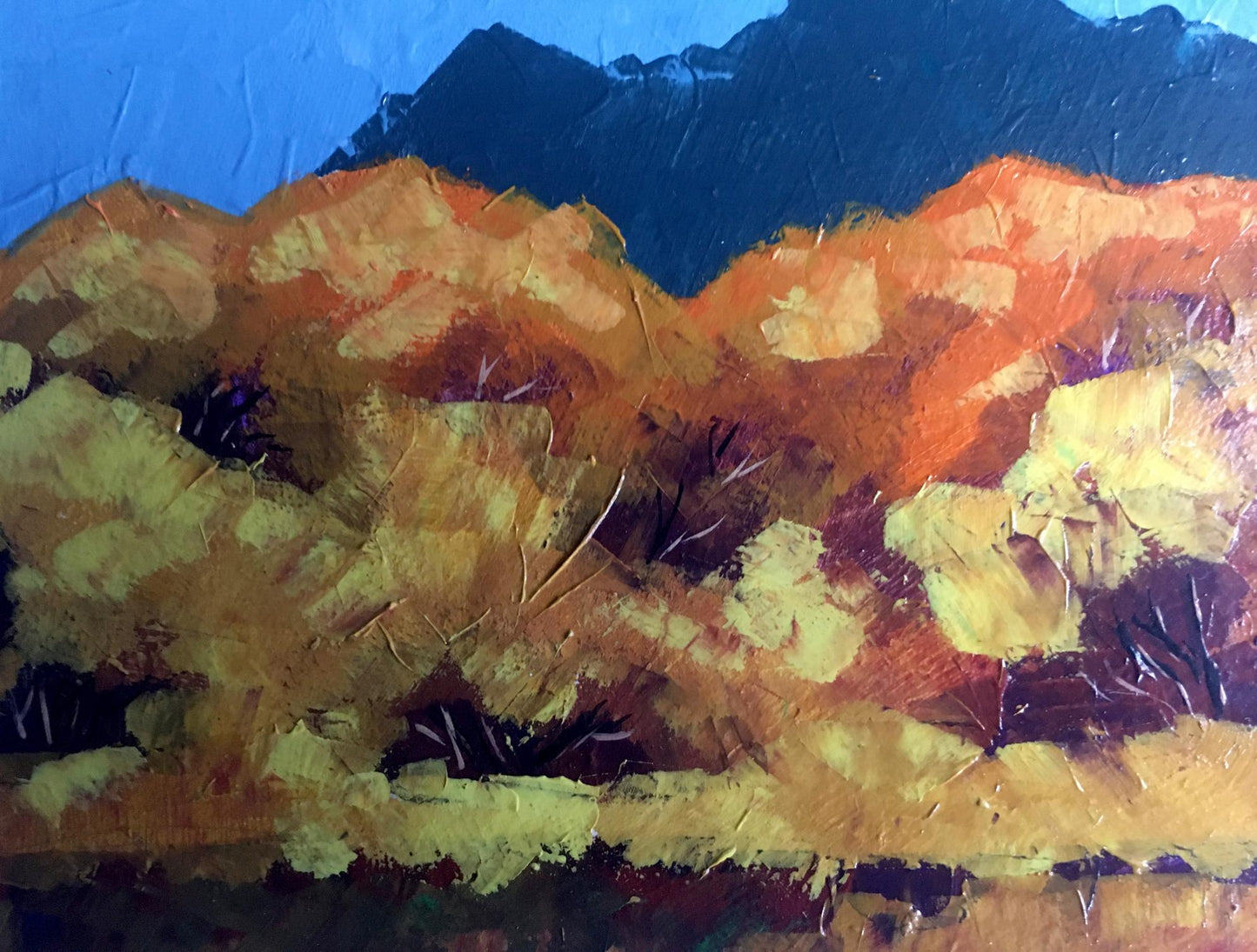 Oil painting Autumn mountains V. Zadorozhnya textured orange yellow brushstrokes blue backdrop