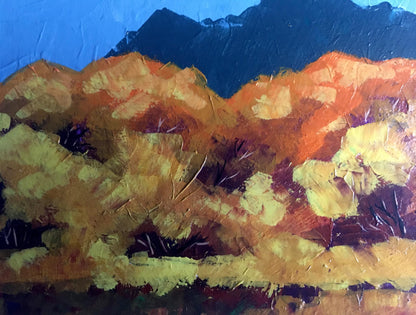 Oil painting Autumn mountains V. Zadorozhnya textured orange yellow brushstrokes blue backdrop