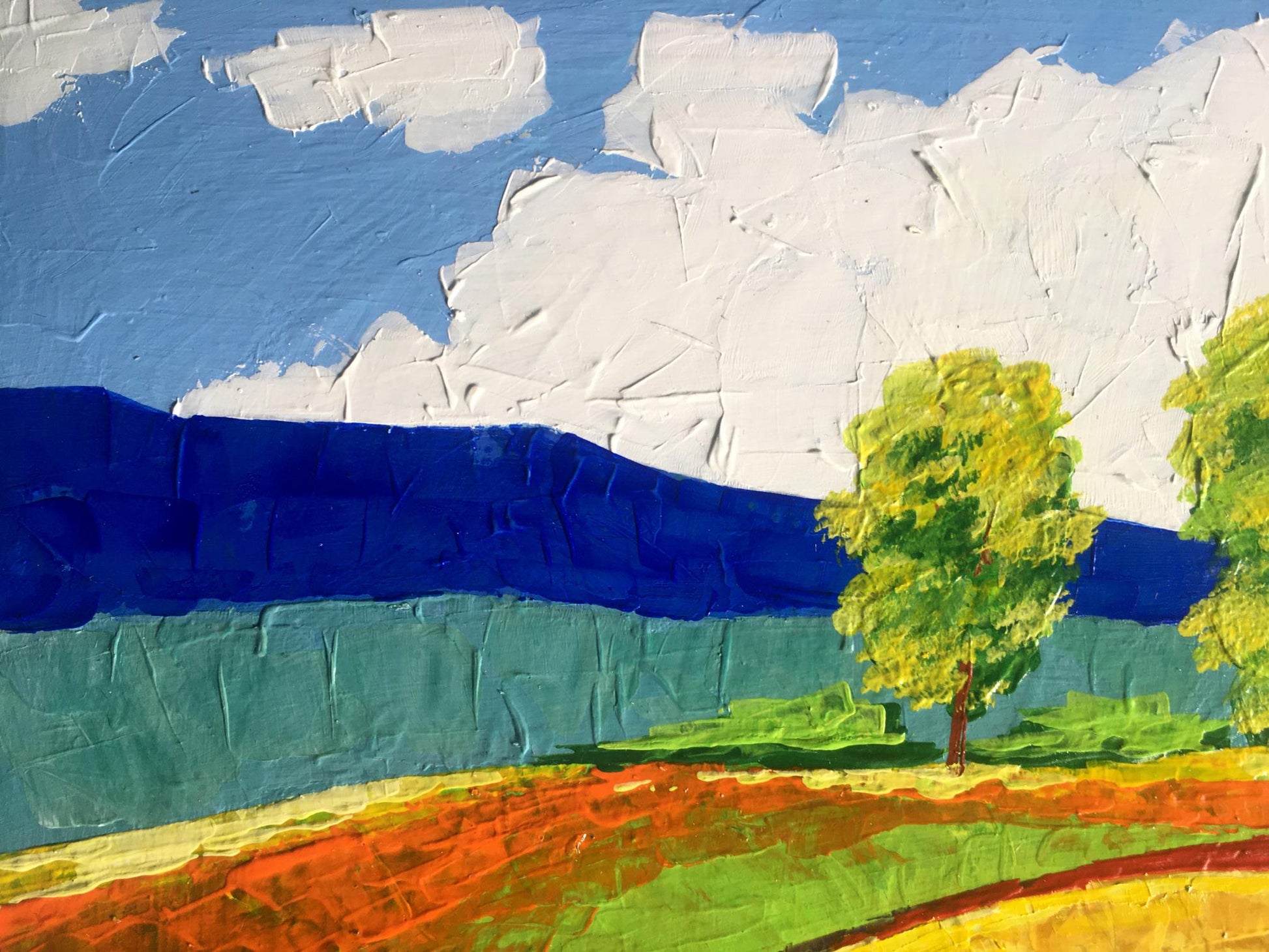 Oil painting Way home by Zadorozhnya V.V.: green tree in orange fields under blue sky
