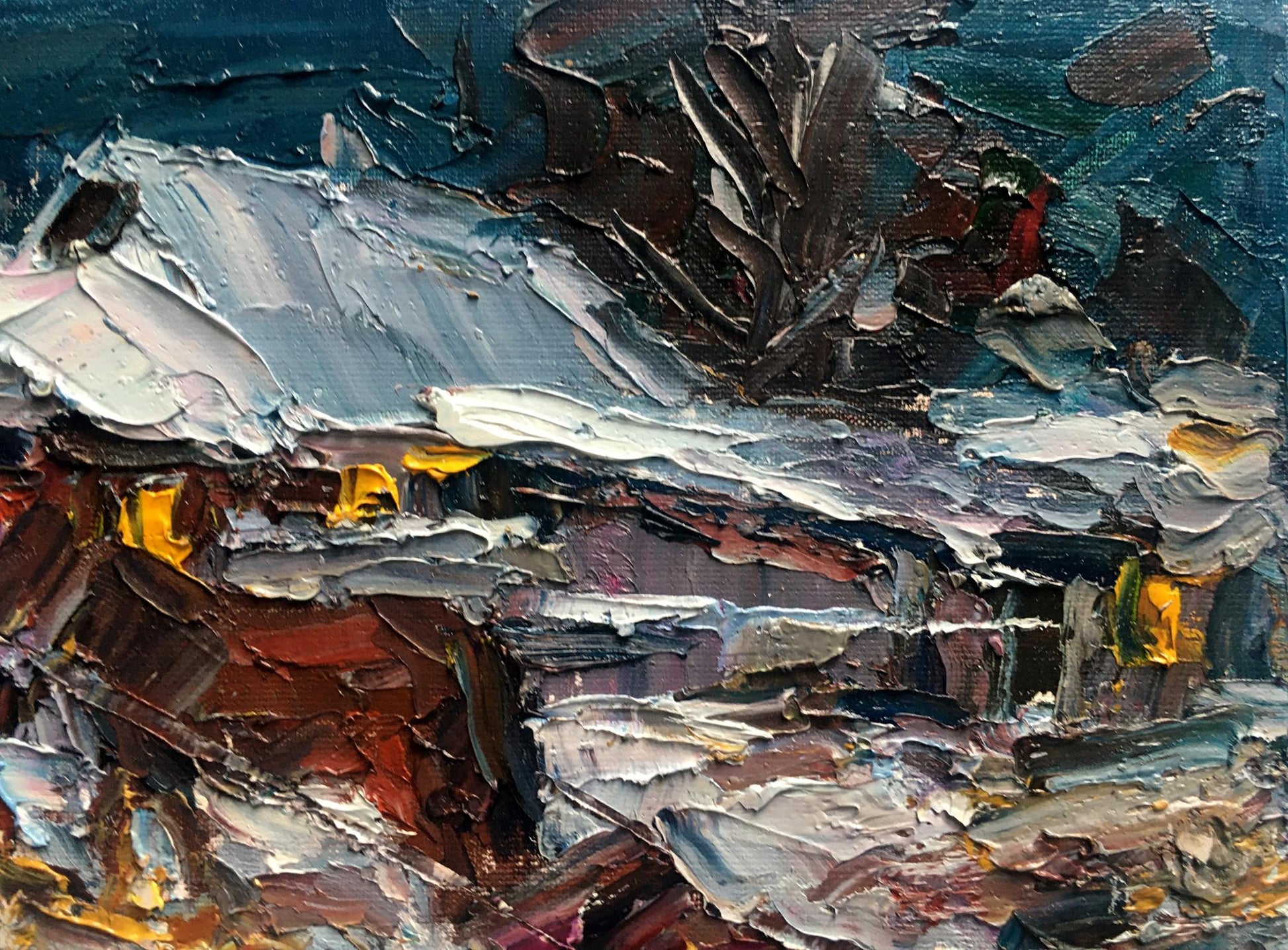 Oil painting Village winter evening 