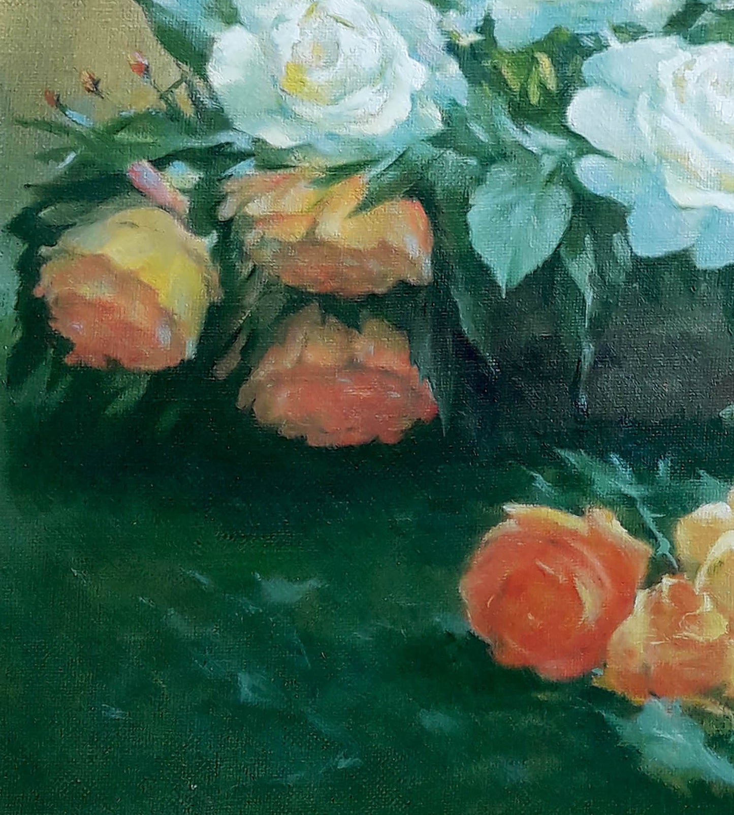 Oil painting of white and yellow roses in vase by Vasily Korkishko
