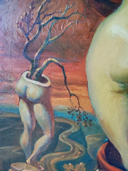 Surreal oil painting Allegory of Autumn by Litvinov Daniil Olegovich: nude urn-shaped figure with tree