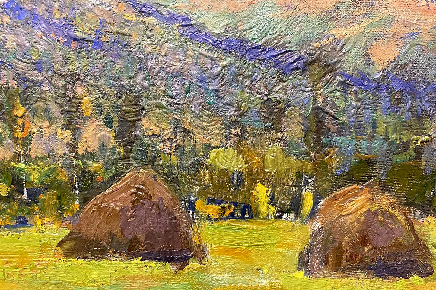 Oil painting Carpathians Zaretskyi Viktor: hay bales in yellow field under purple green sky