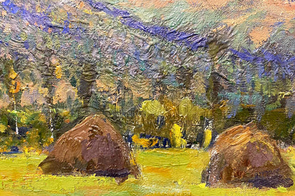 Oil painting Carpathians Zaretskyi Viktor: hay bales in yellow field under purple green sky
