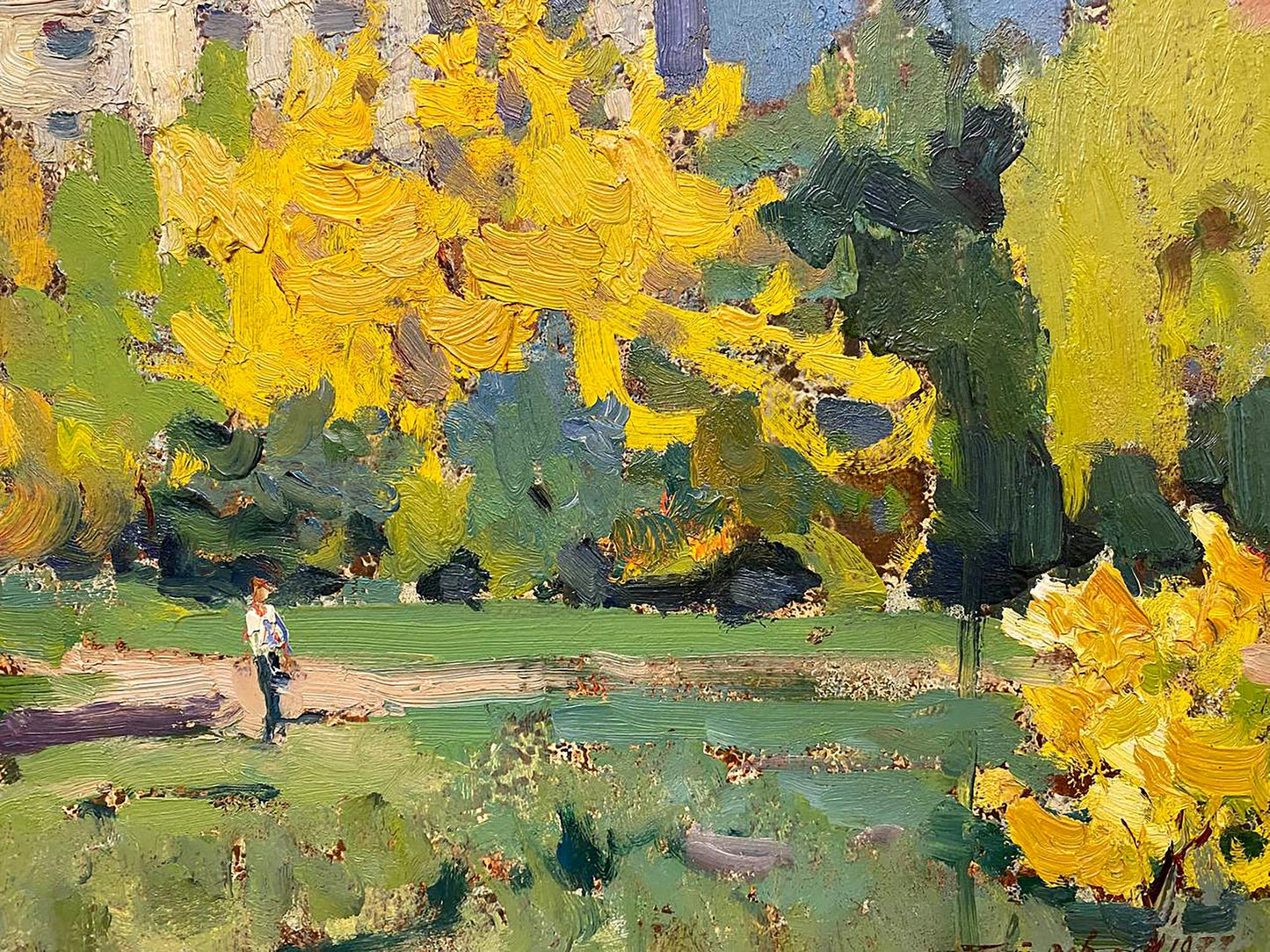 Vibrant impressionist oil painting by Petrov Georgy Petrovich: figure in urban autumn landscape
