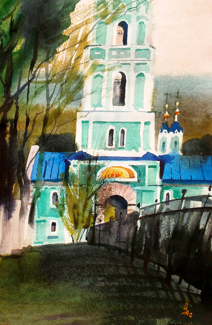 Watercolor painting of light green church with blue roofs by Egor Shvachunov