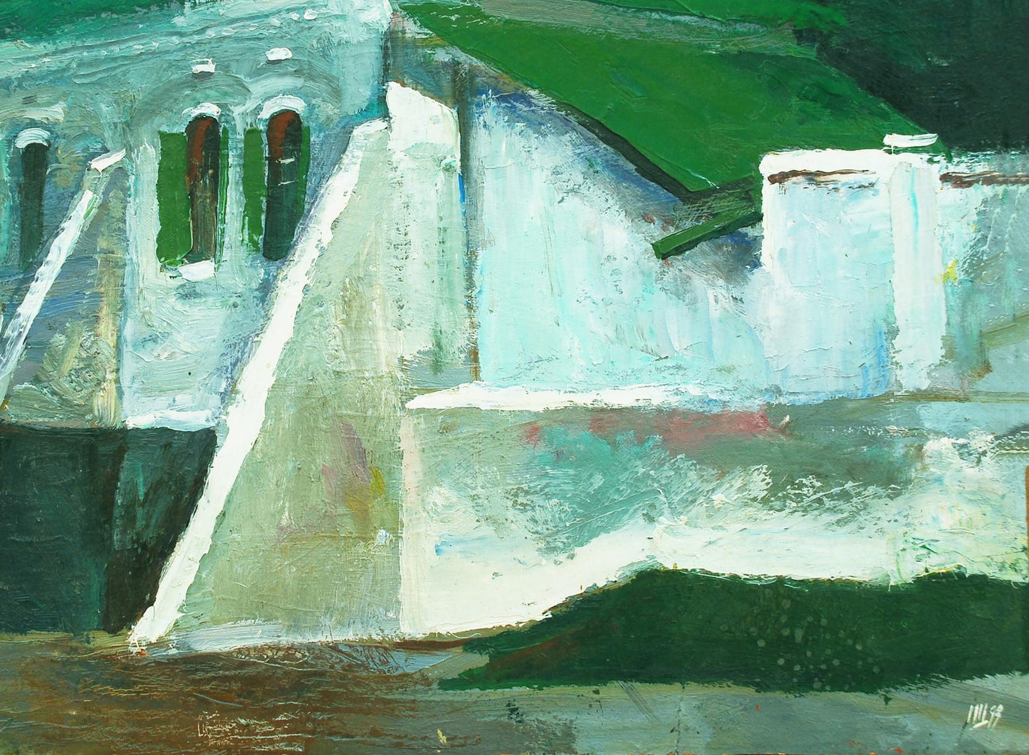 Abstract teal white green oil painting Buttress House by Egor Shvachunov