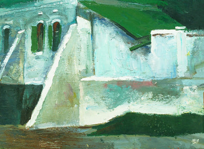Abstract teal white green oil painting Buttress House by Egor Shvachunov