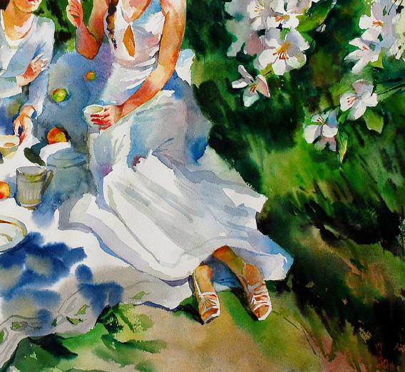 Watercolor painting of woman in white dress at picnic by Egor Shvachunov