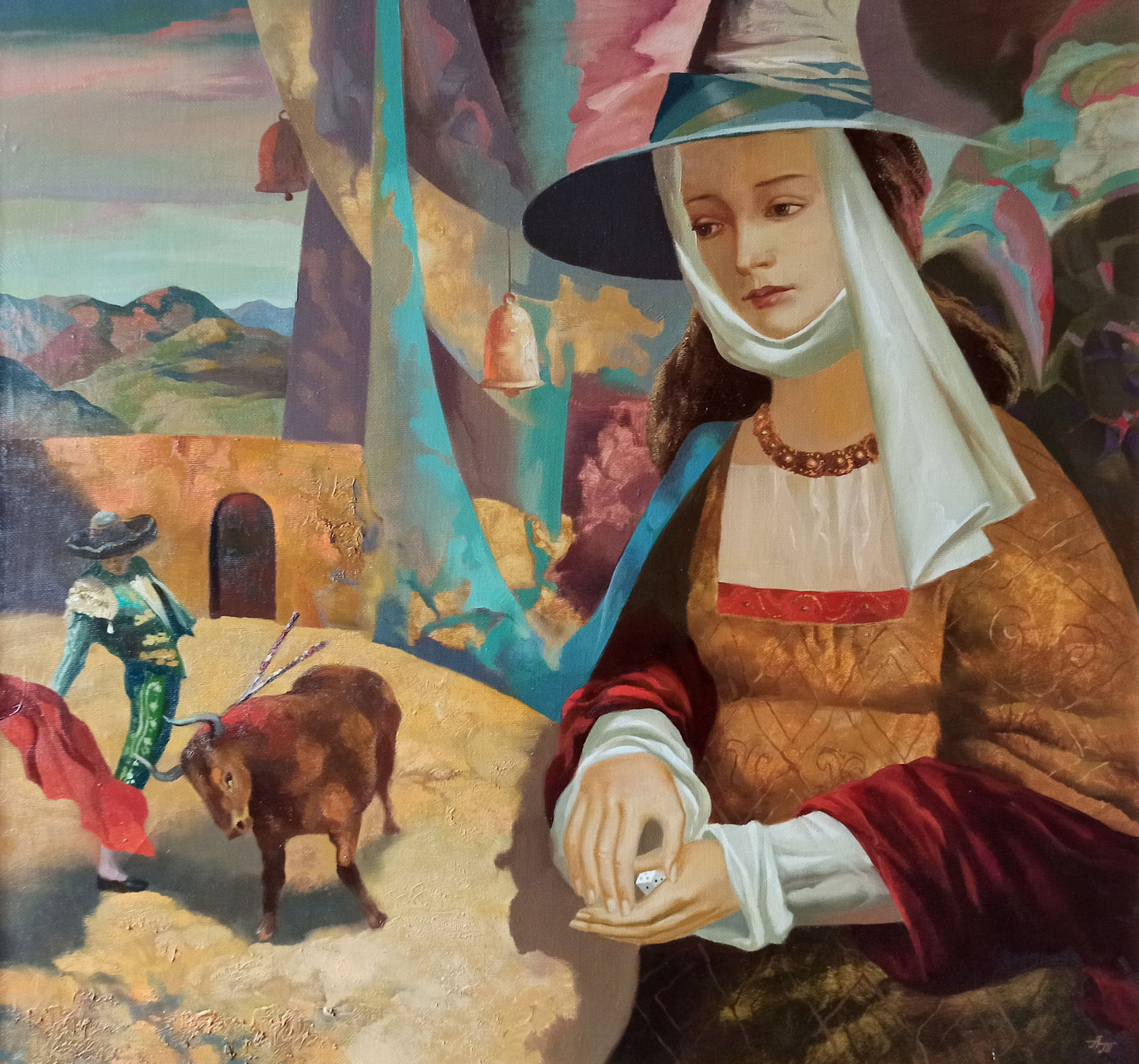 Custom stylized portrait of woman in hat and dress beside bullfighter