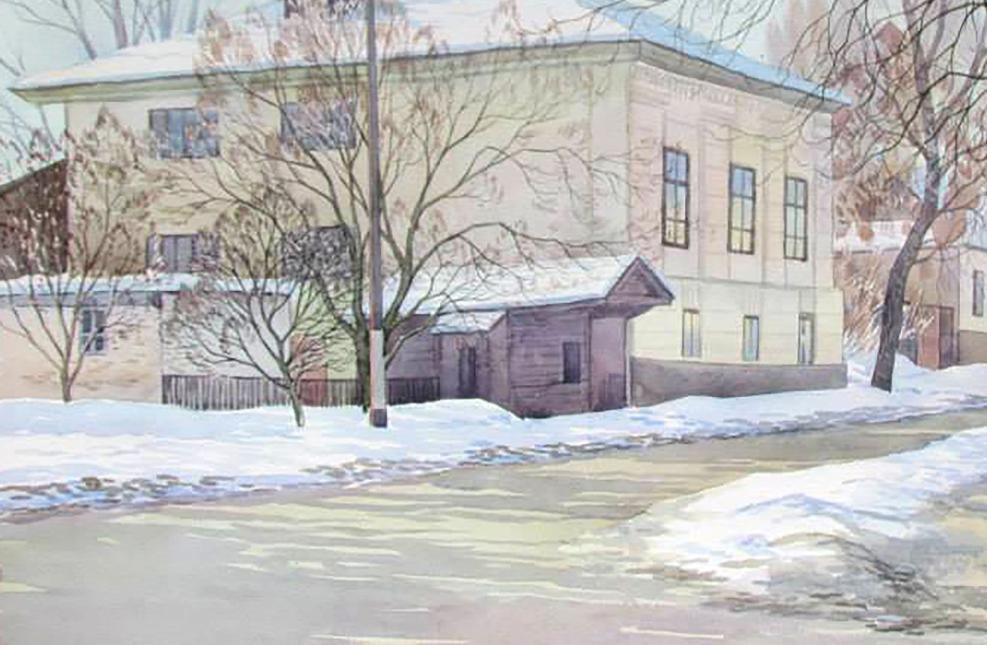 Watercolor painting Winter Urban landscape  