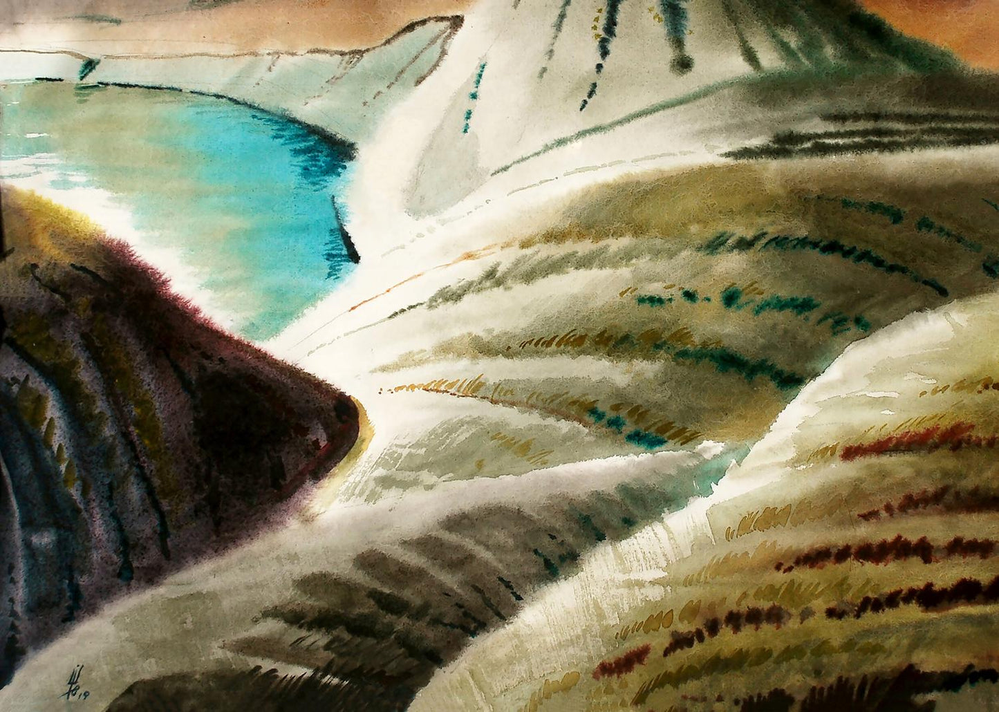 Watercolor painting of Eastern C. hills and turquoise lake by Egor Shvachunov