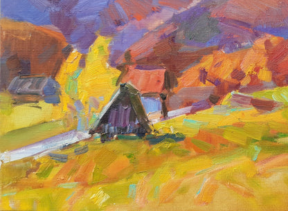 Oli painting Mountain Village Landscape Pereta Vyacheslav