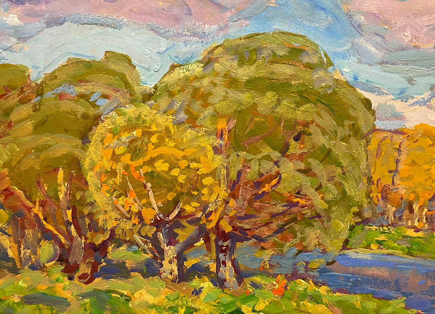 Vibrant impressionist oil painting Rest in the autumn forest by Kolosovsky Georgy Sergeevich