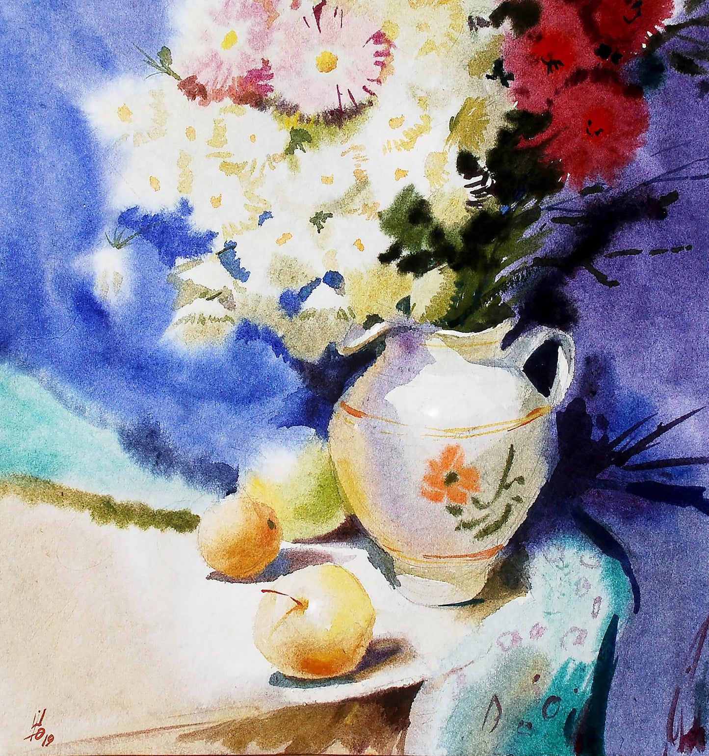 White ceramic pitcher with orange floral decals, gold rim, red pink chamomile flowers