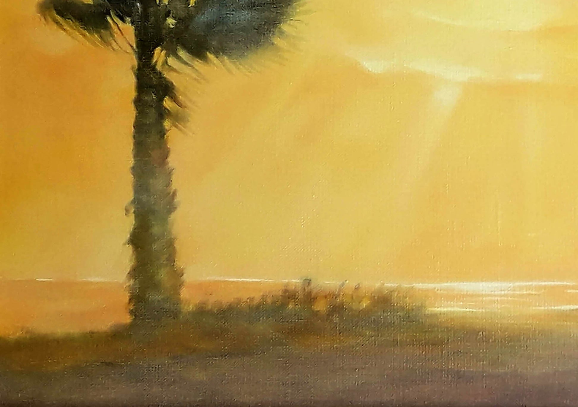 Oil painting by Egypt Korkishko Vasily: tall palm tree silhouette at sunset