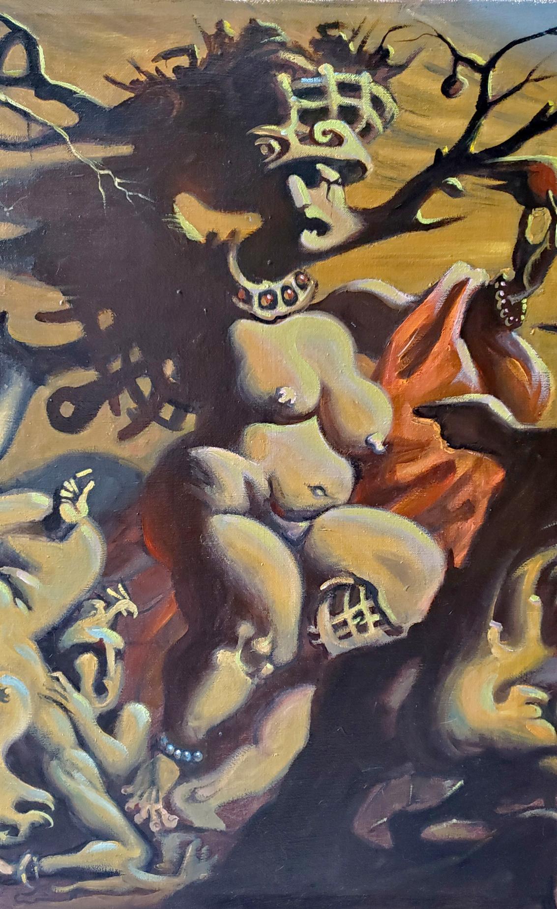 Surreal oil painting The Last Judgment of Paris by Litvinov Daniil Olegovich, nude figure