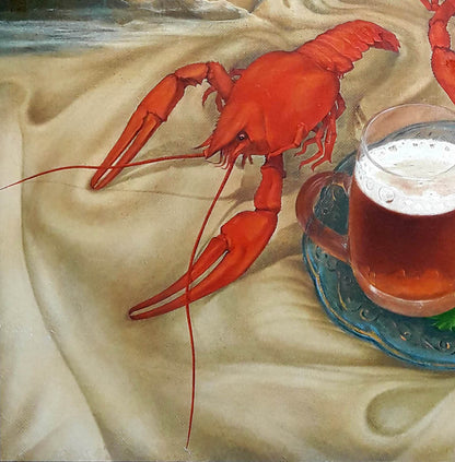 Vibrant red lobster oil painting by Korkishko Vasily on textured fabric