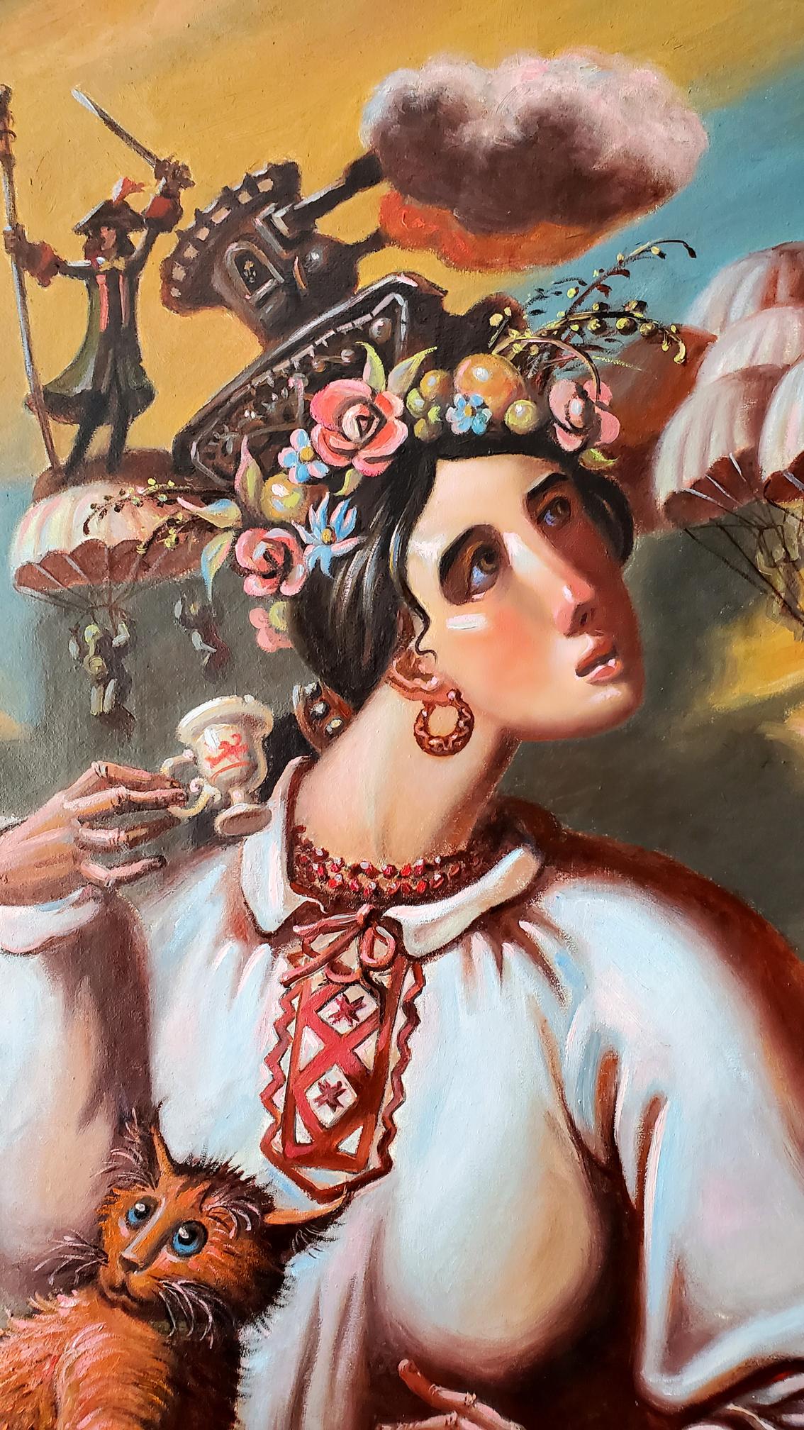 Oil painting Morning in Ukraine by Litvinov Daniil Olegovich woman with teacup
