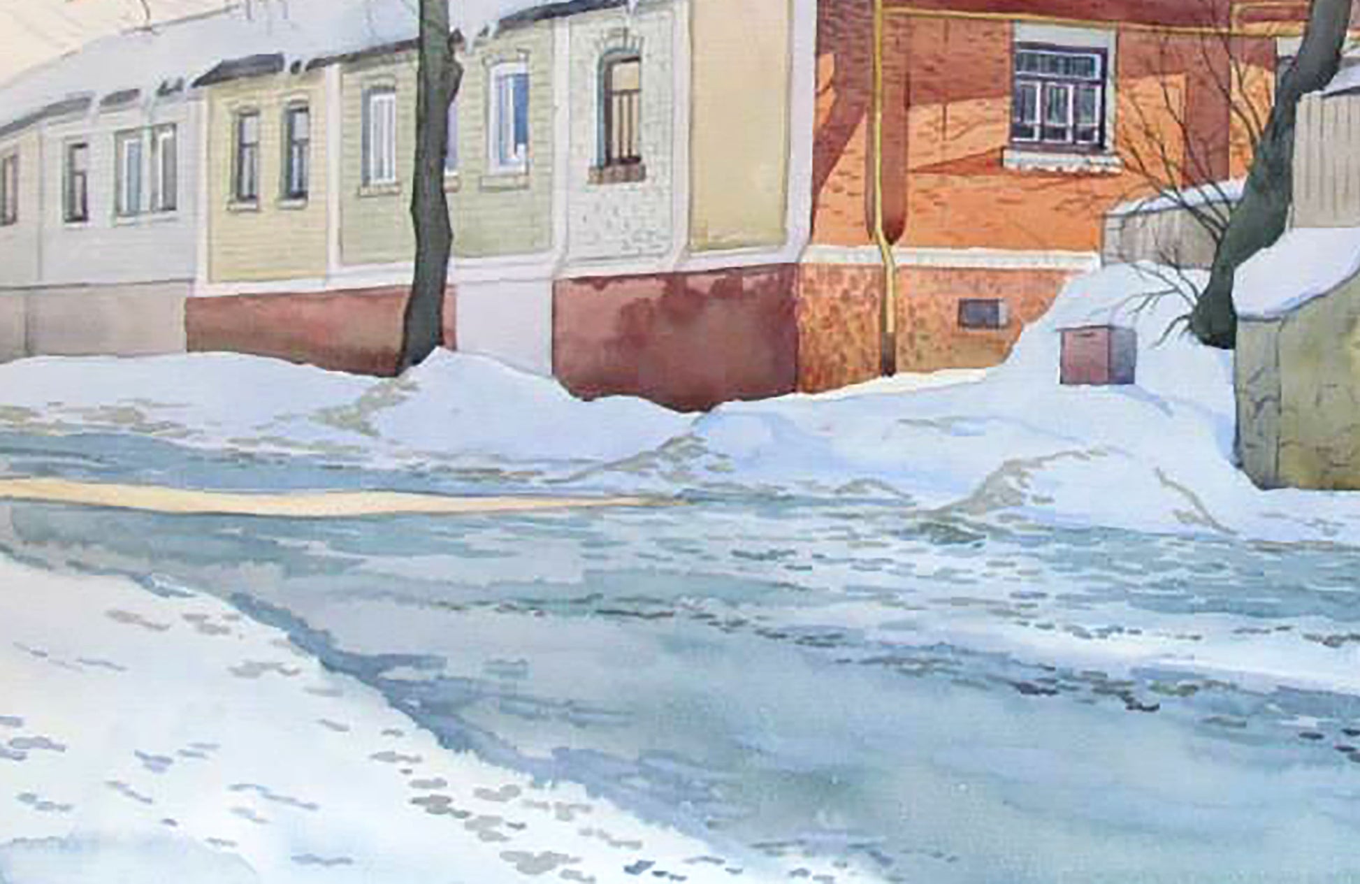 Watercolor painting Winter Old Town 