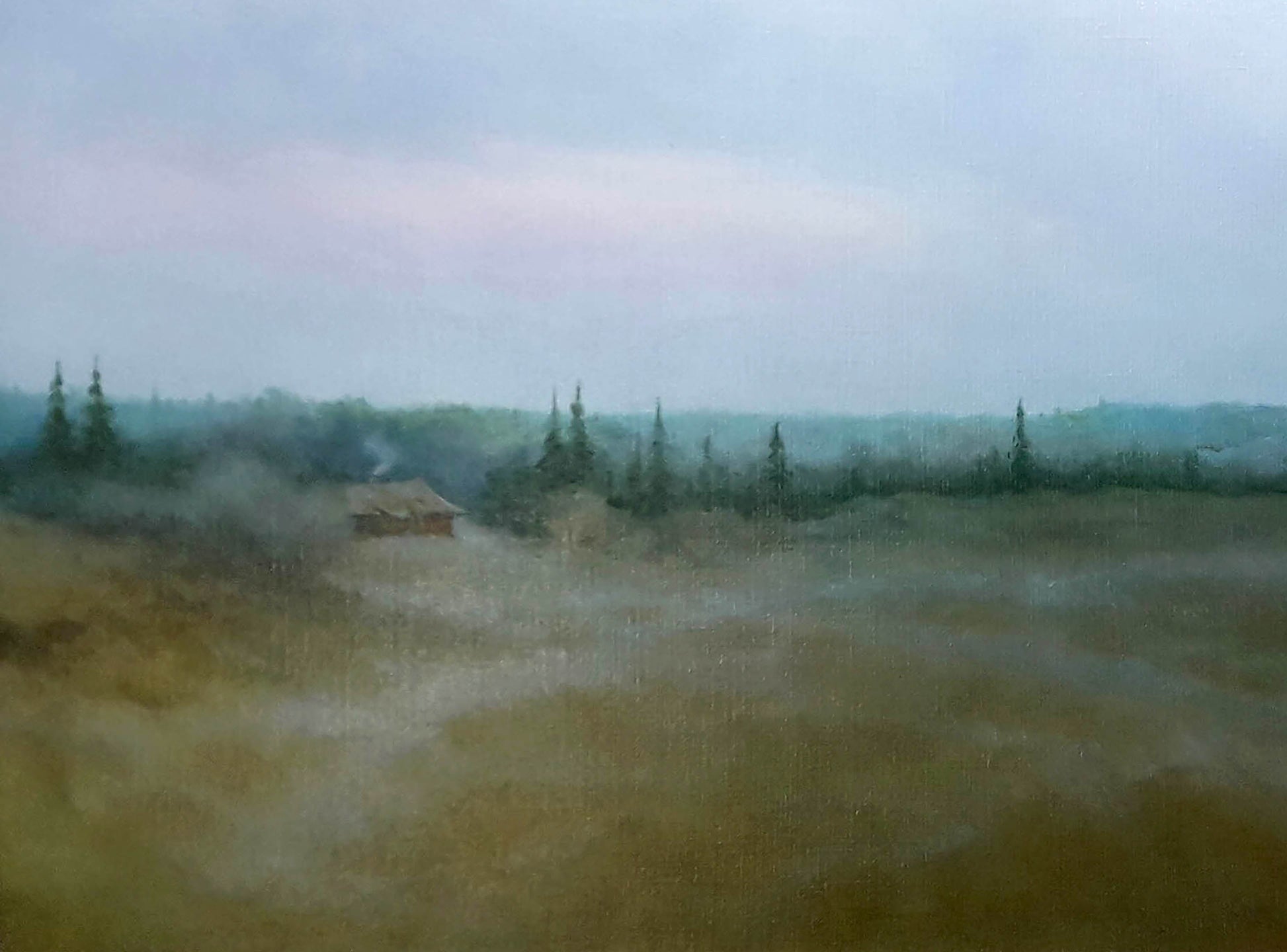 Misty landscape oil painting Morning Korkishko Vasily with cabin in evergreens
