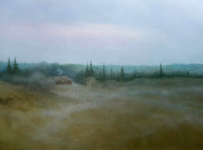 Misty landscape oil painting Morning Korkishko Vasily with cabin in evergreens