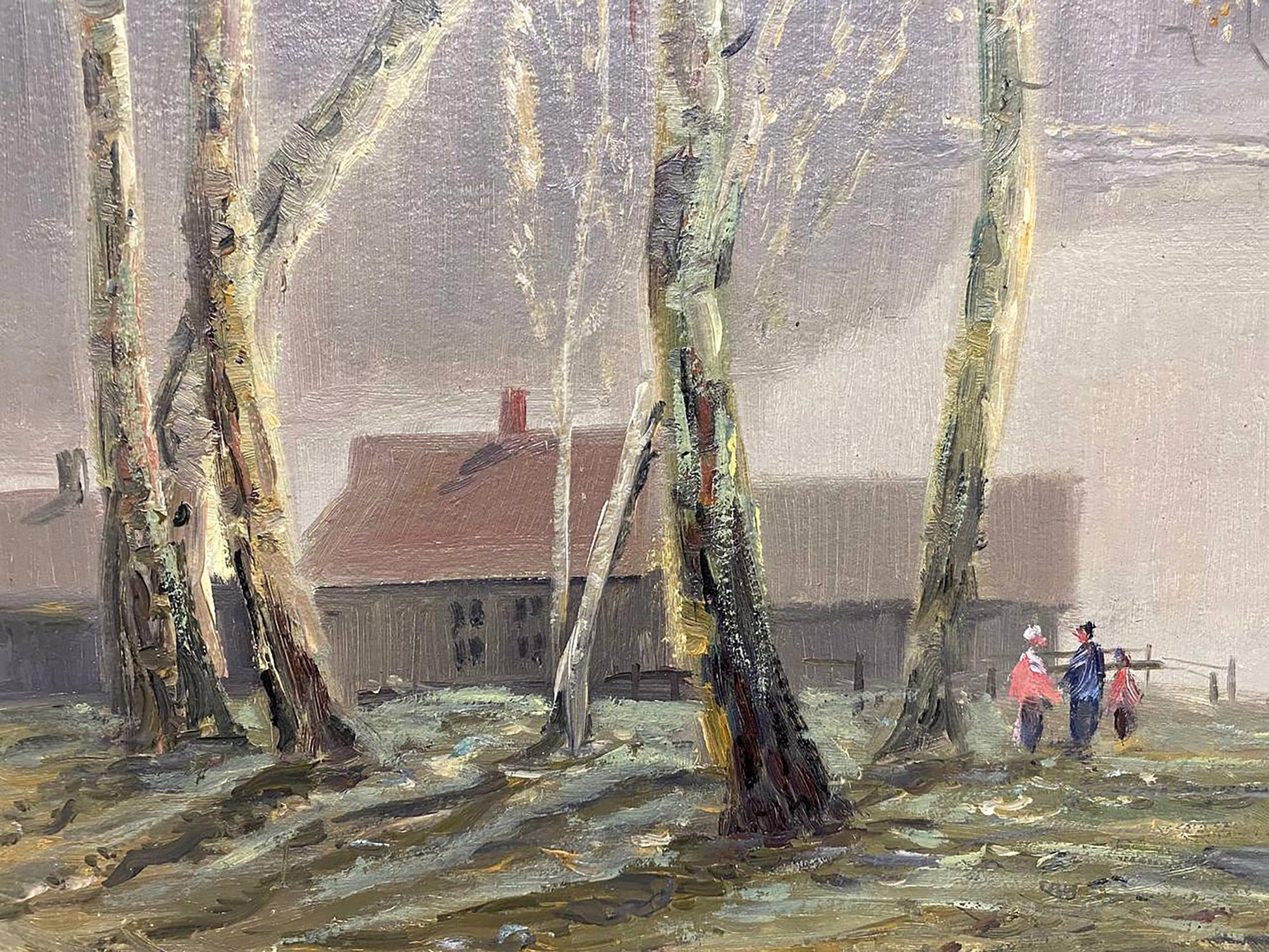 Textured oil painting On the Lake by Shariy Anatoly Ivanovich, misty birch trees
