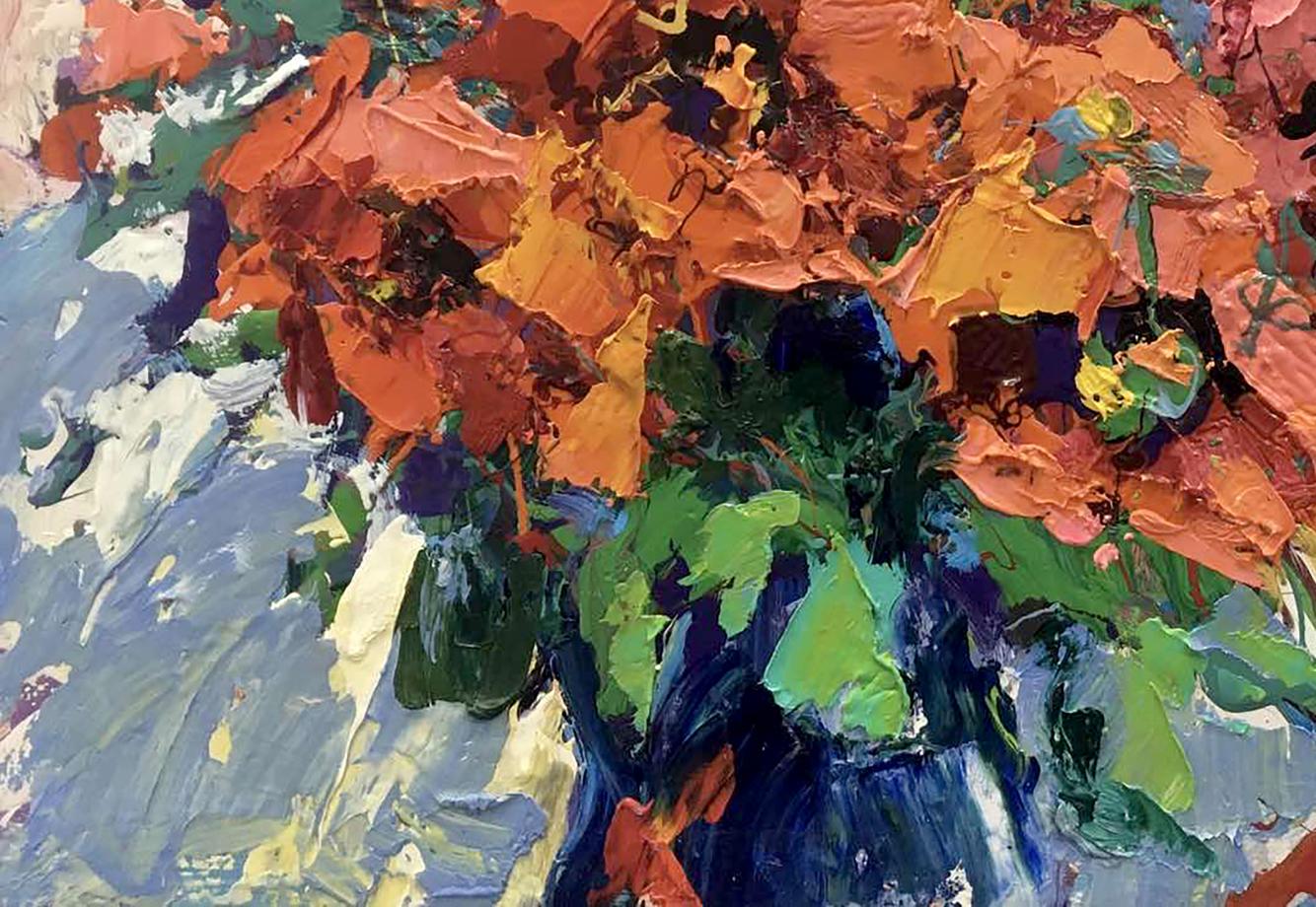 Vibrant orange green abstract poppies oil painting by Ivanyuk Oksana