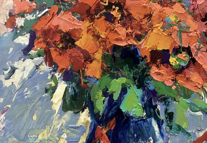 Vibrant orange green abstract poppies oil painting by Ivanyuk Oksana