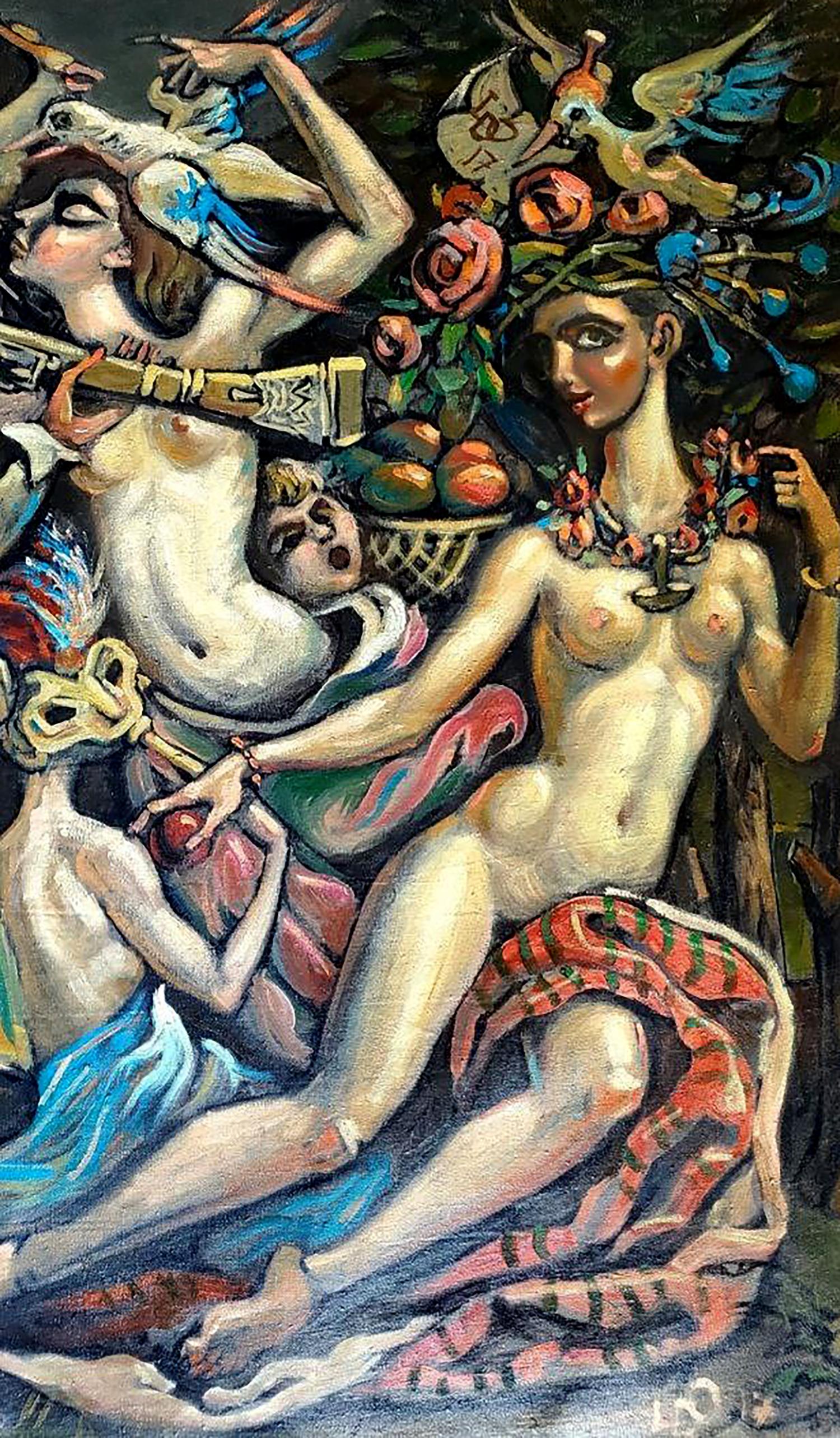 Oil painting Dreams of a Cossack by Litvinov Daniil Olegovich, nude figures in lush floral scene