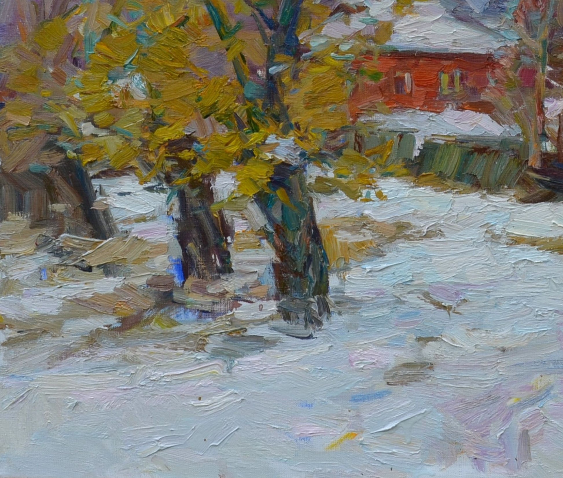 Oli painting Winter Village landscape Pereta Vyacheslav