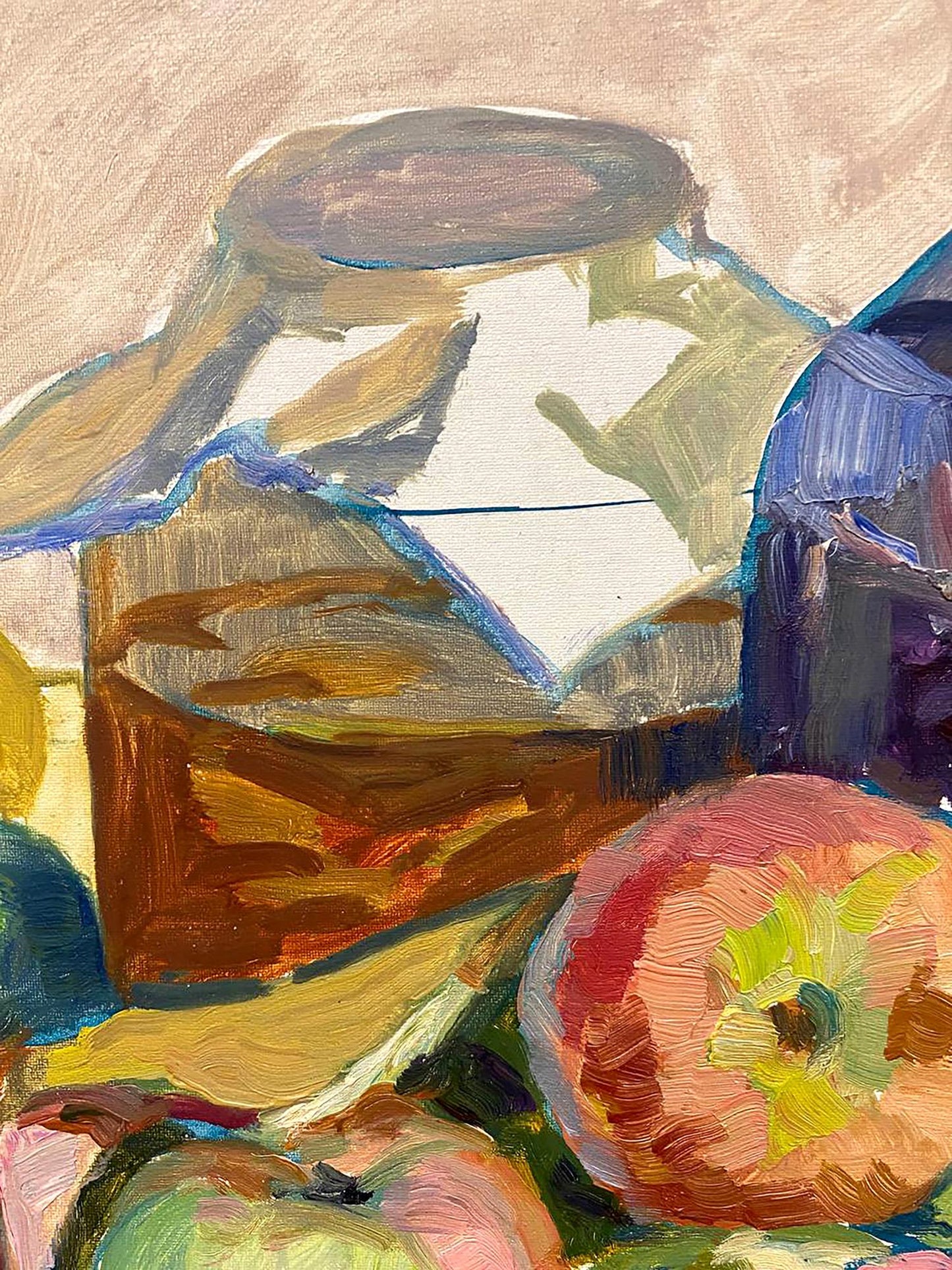 Oil painting of rustic apple arrangement by unknown artist